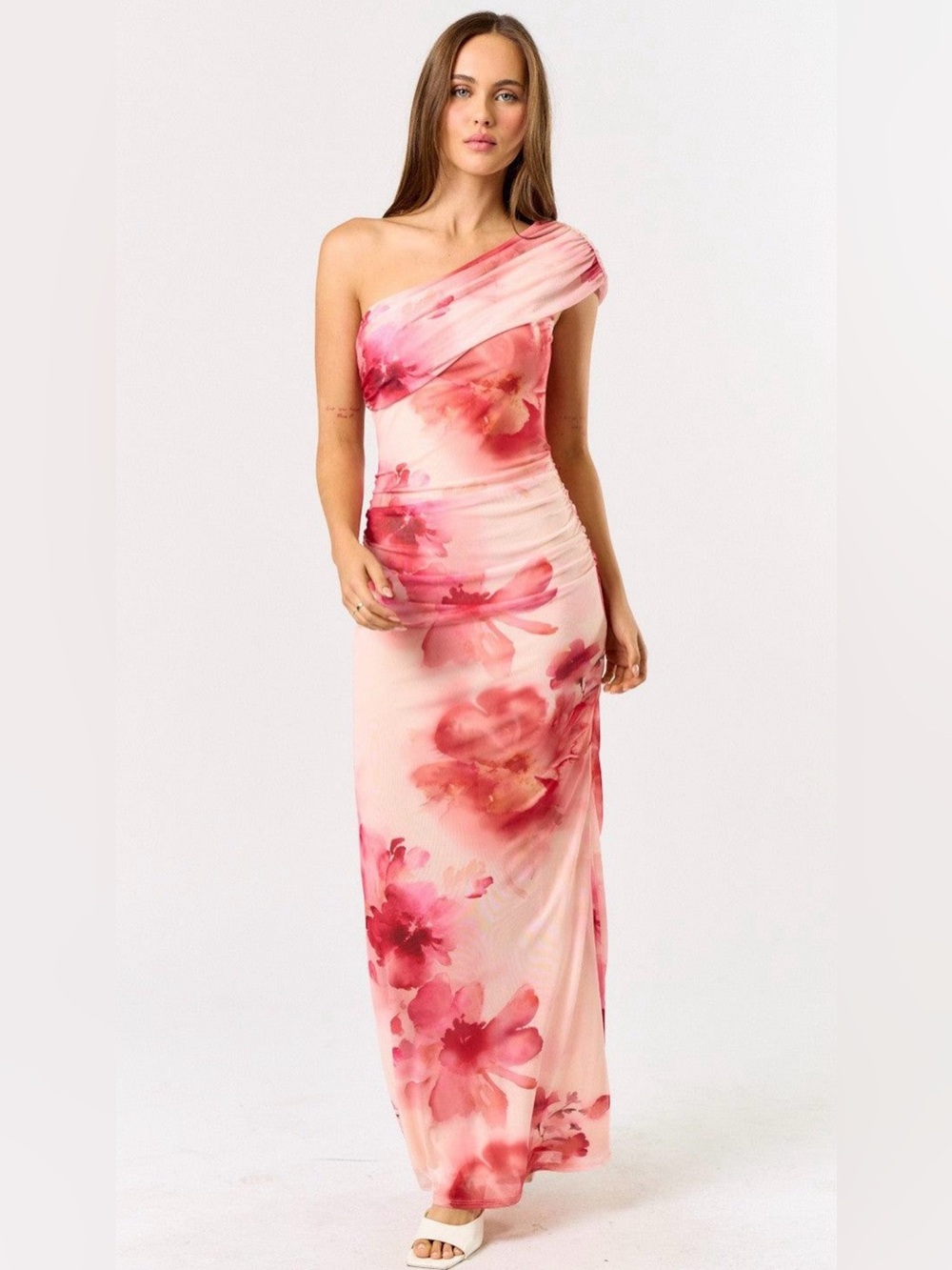 SKATIE Pink Floral One Shoulder Ruched Maxi Dress XS